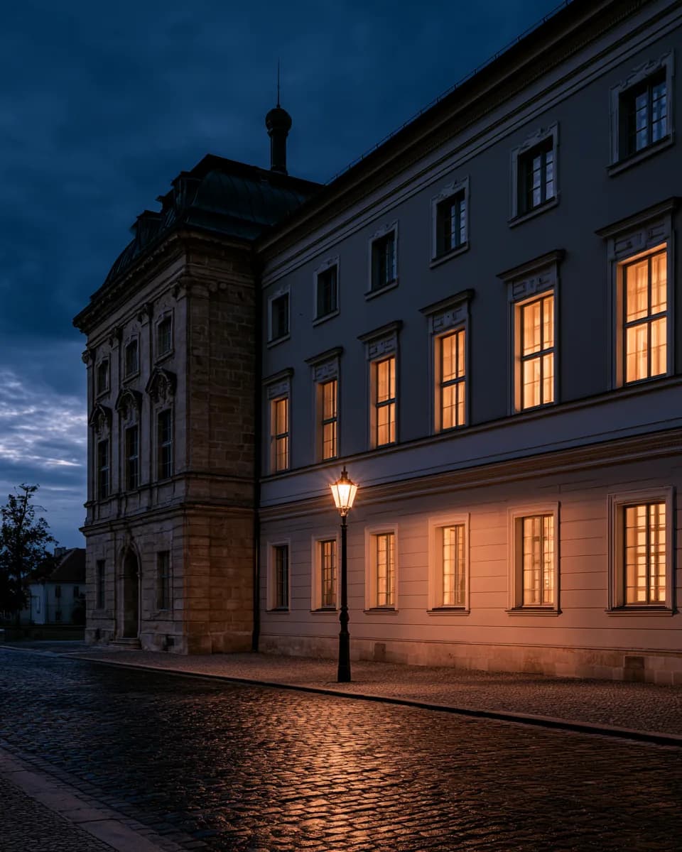 Classicist hospital facade at dusk