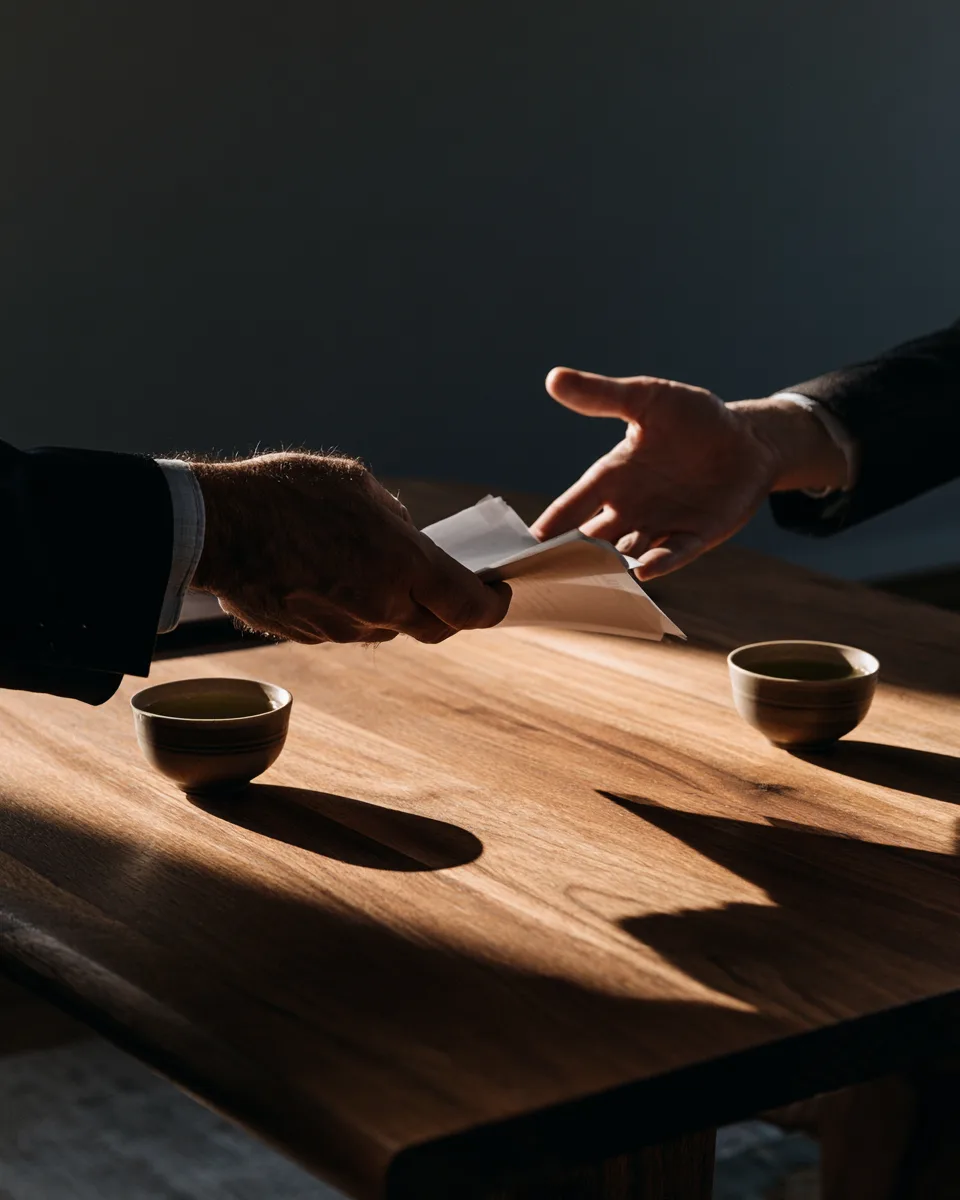Document handover across a wooden table with tea cups